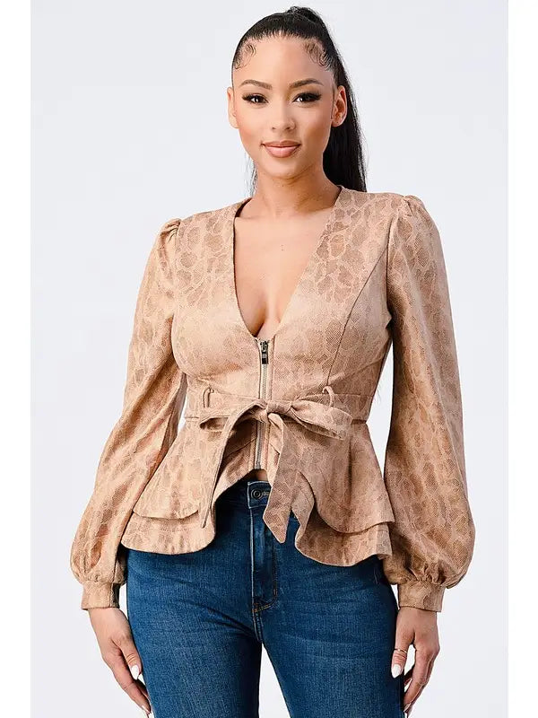SNAKE PRINT SUEDE FRONT TIE JACKET