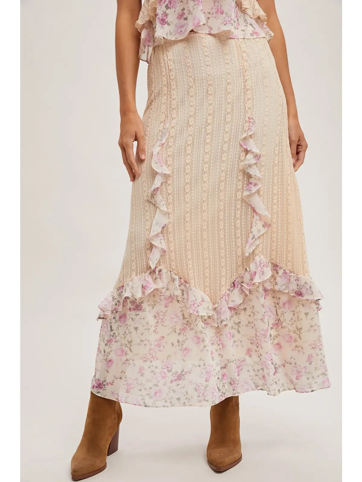 FLORAL PRINT RUFFLE LACE SKIRT
