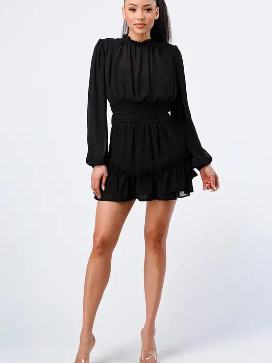 MOCK NECK RUFFLE DRESS