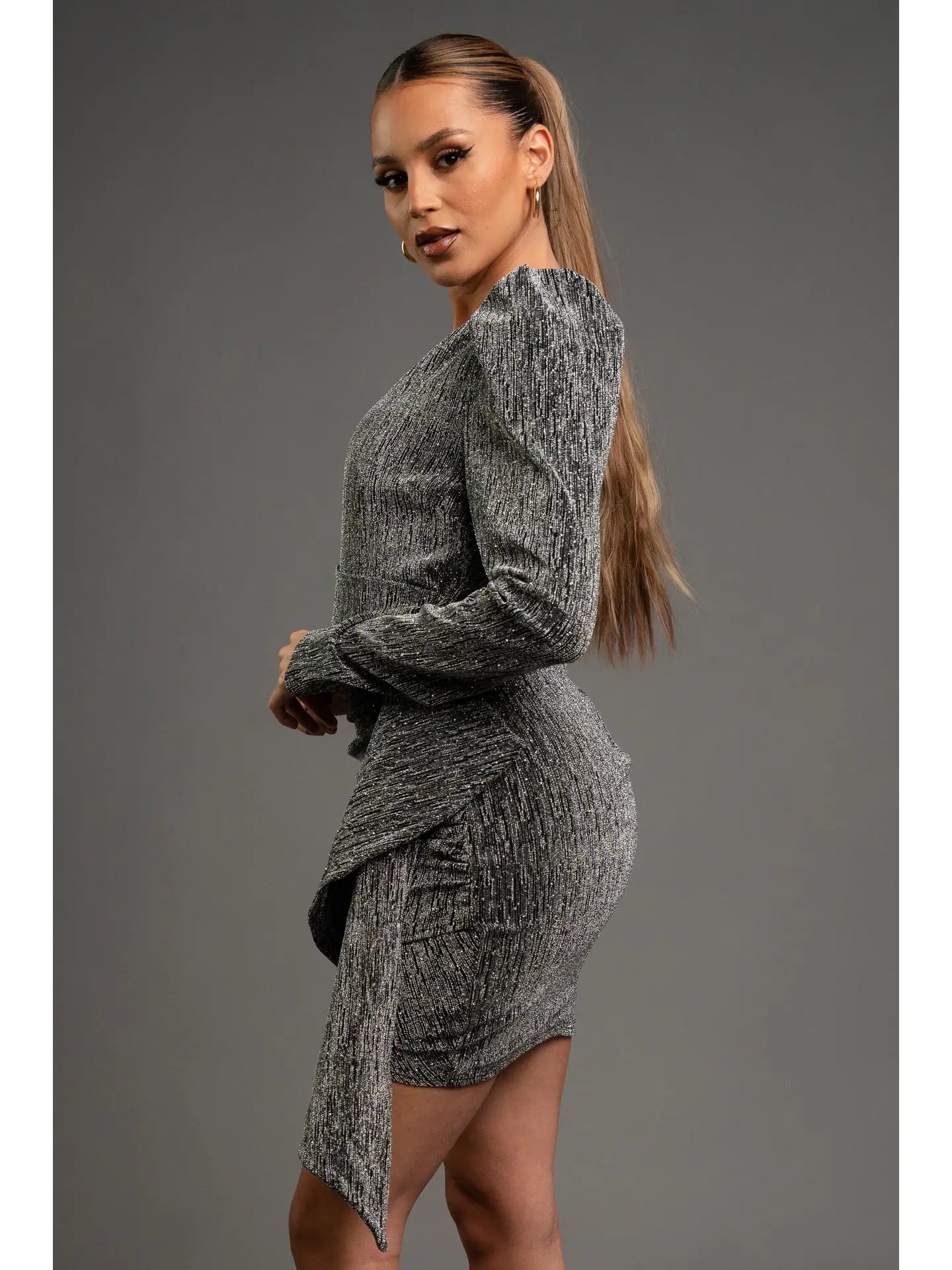 METALLIC RHINESTONE ONE SHOULDER MINI DRESS