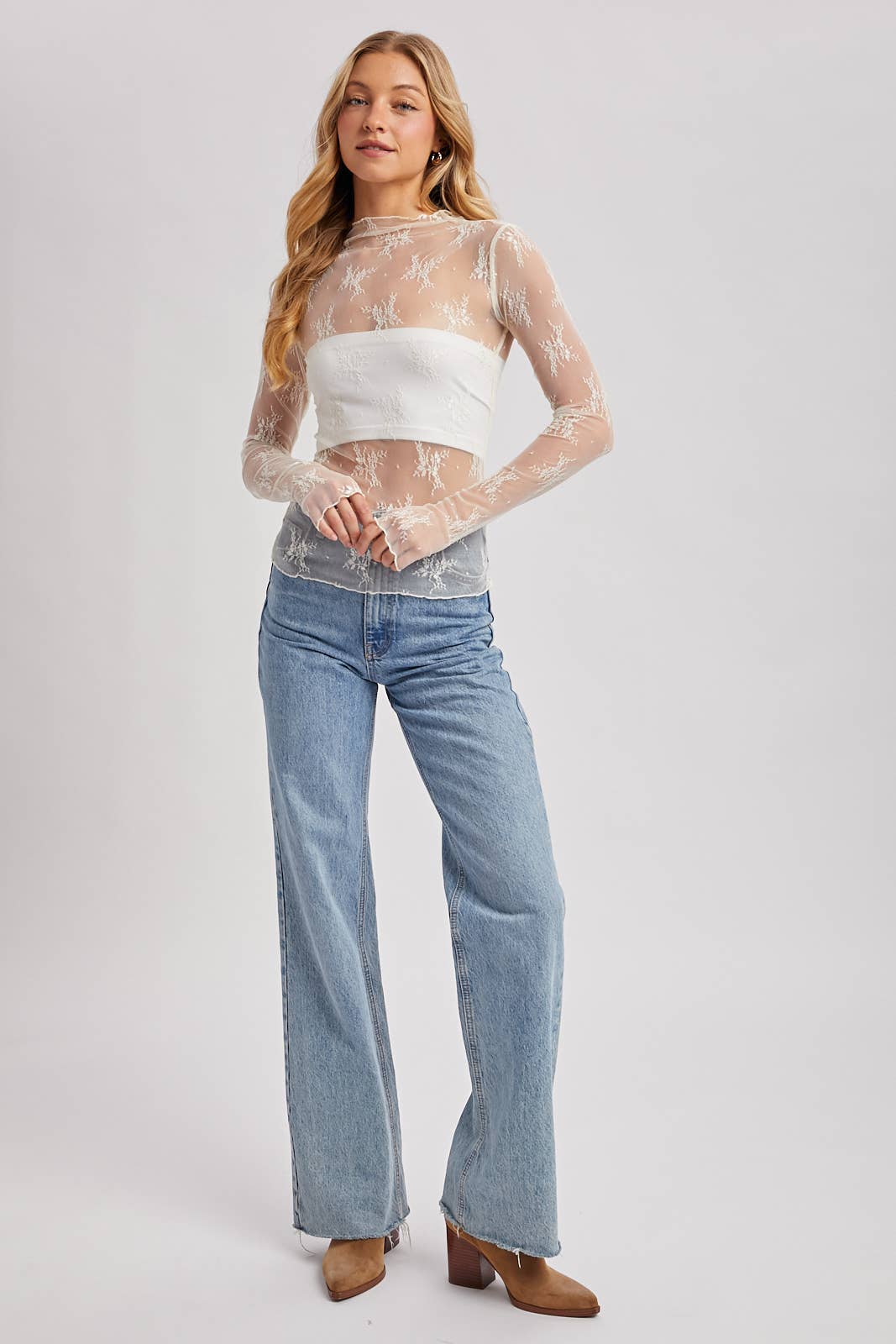 FLORAL EMBROIDERY LACE MESH LAYERING TOP