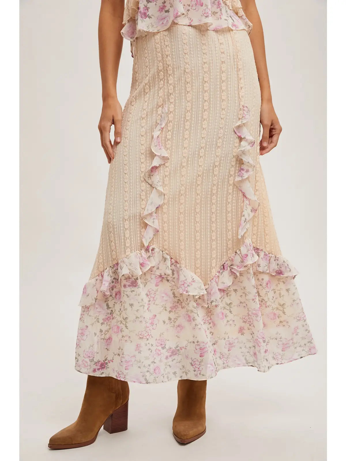 FLORAL PRINT RUFFLE LACE SKIRT
