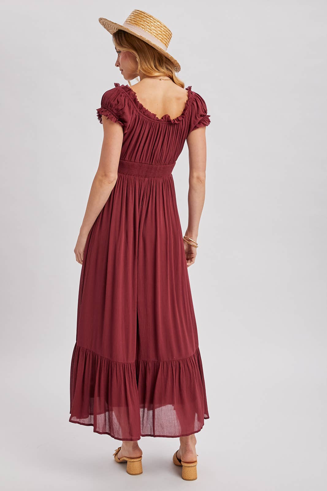 SMOCKED OFF THE SHOULDER RUFFLE MAXI DRESS