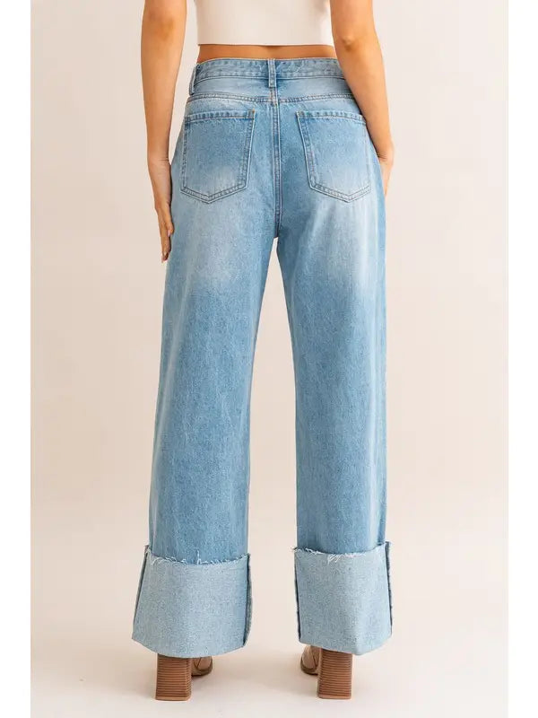 HIGH WAISTED WIDE LEG CUFFED JEANS