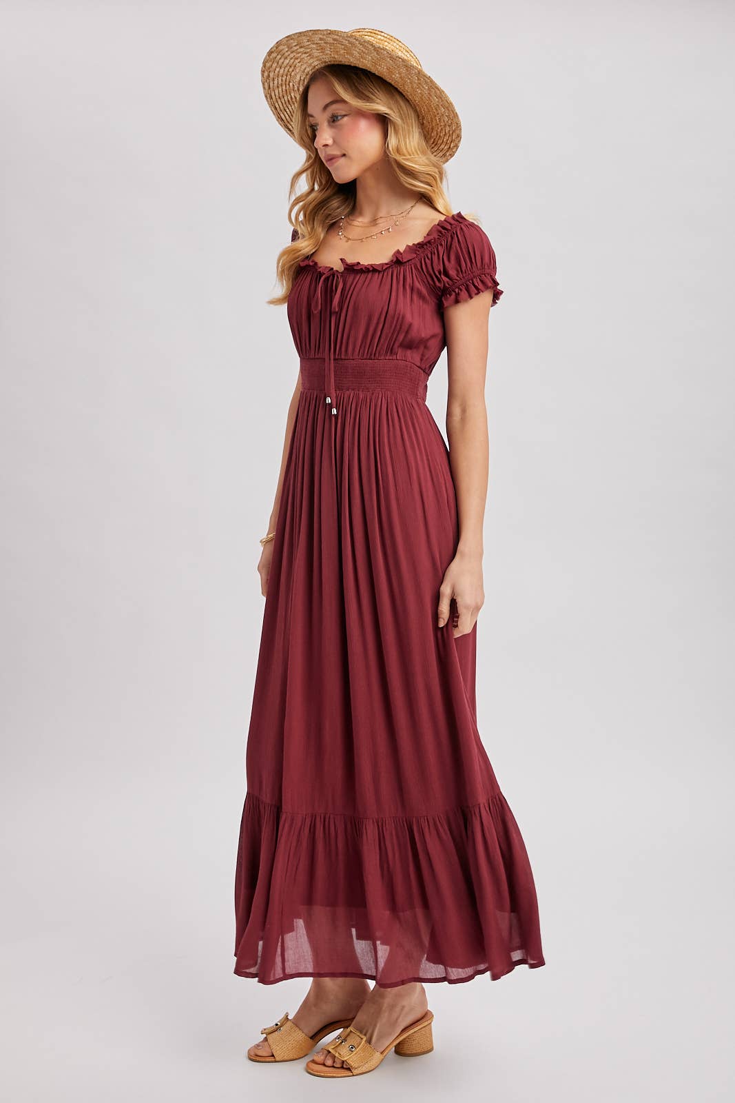 SMOCKED OFF THE SHOULDER RUFFLE MAXI DRESS
