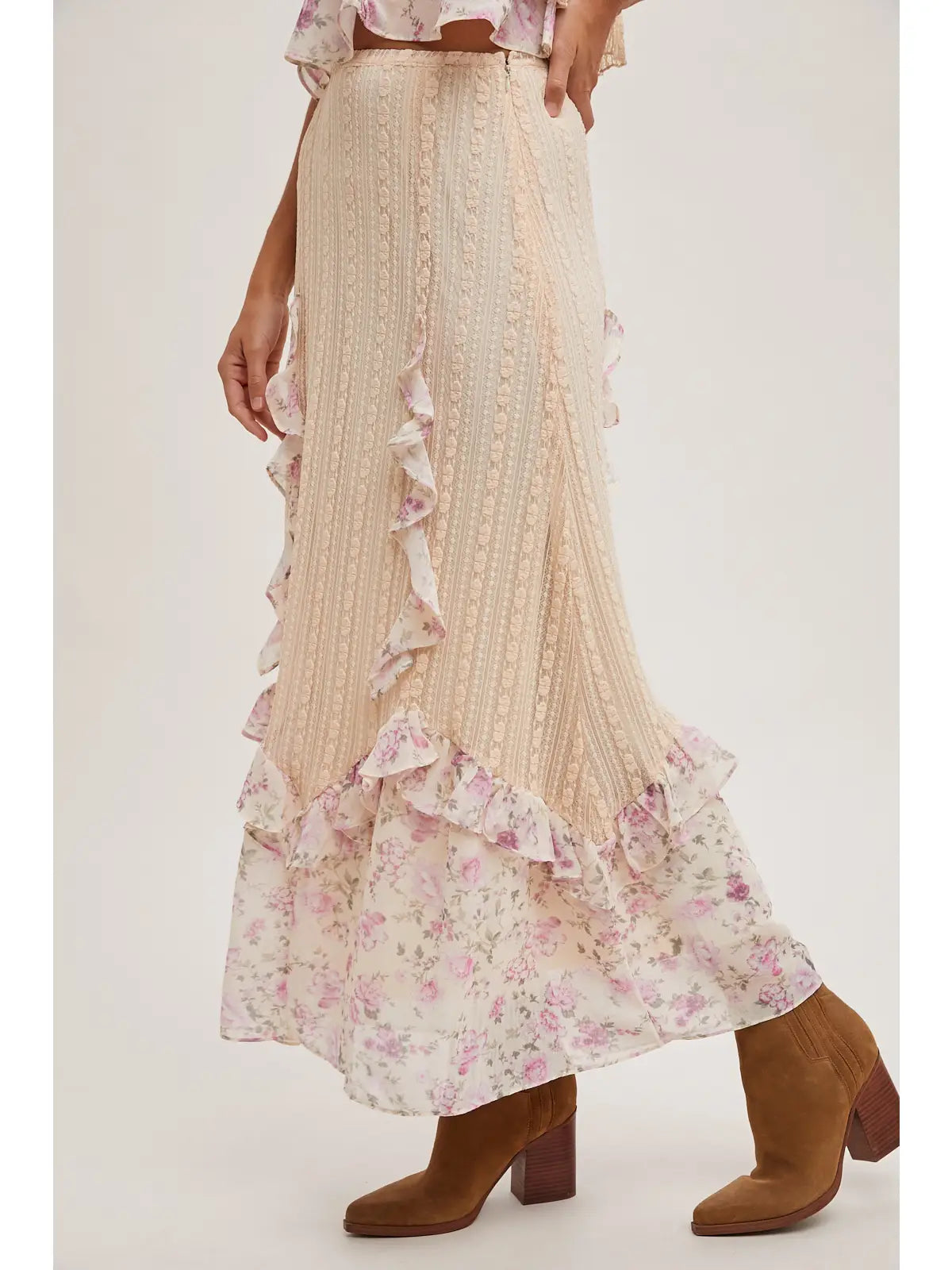 FLORAL PRINT RUFFLE LACE SKIRT