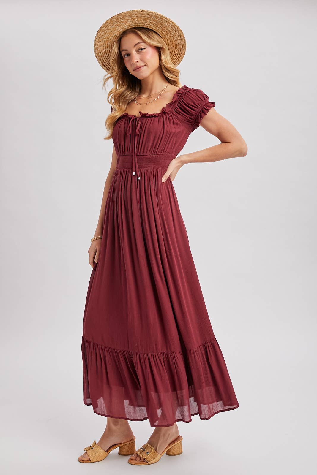 SMOCKED OFF THE SHOULDER RUFFLE MAXI DRESS