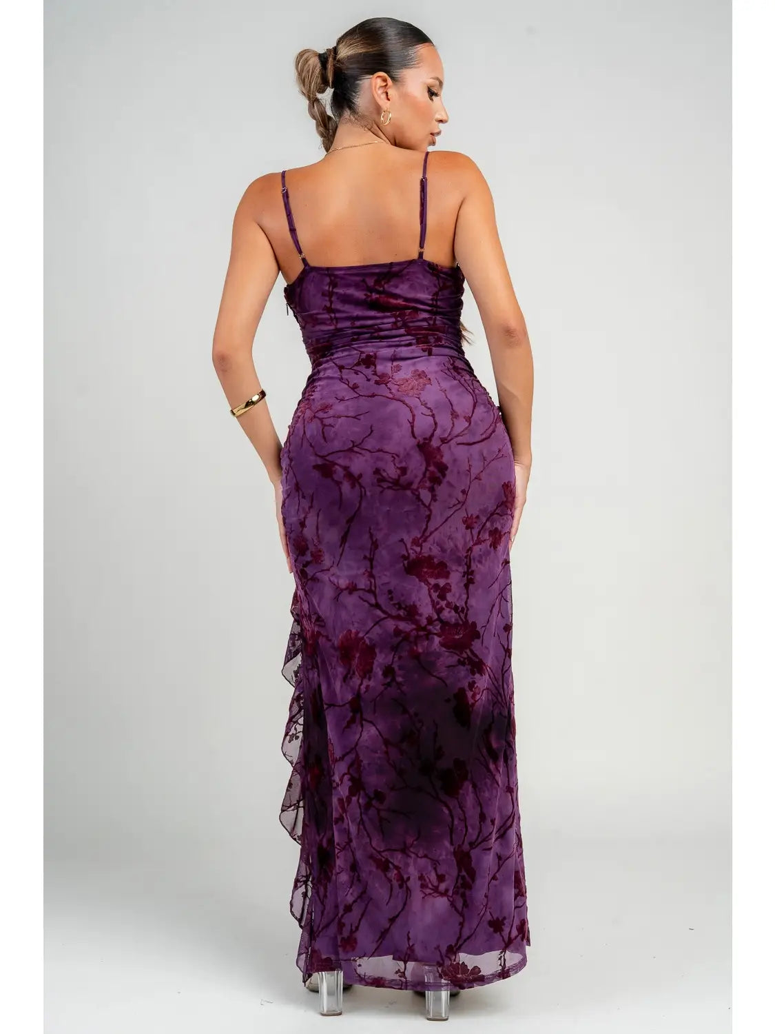 PLUM FLORAL RUFFLE DRESS