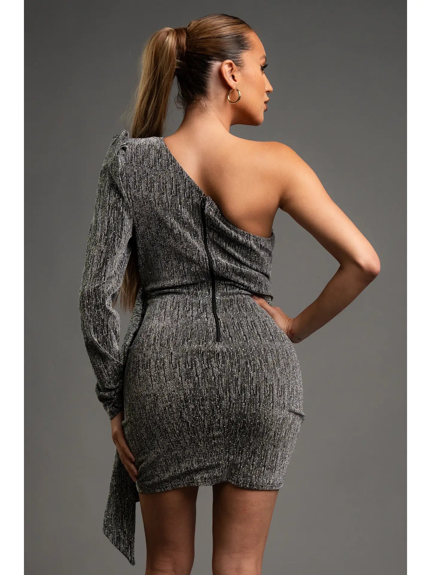 METALLIC RHINESTONE ONE SHOULDER MINI DRESS