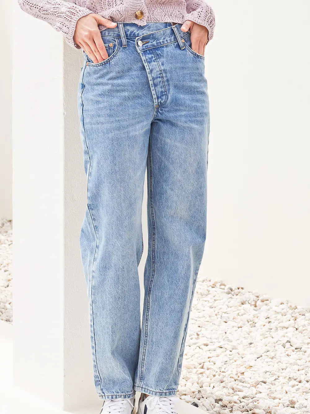 ASYMMETRICAL WAIST STRAIGHT LEG DENIM JEANS