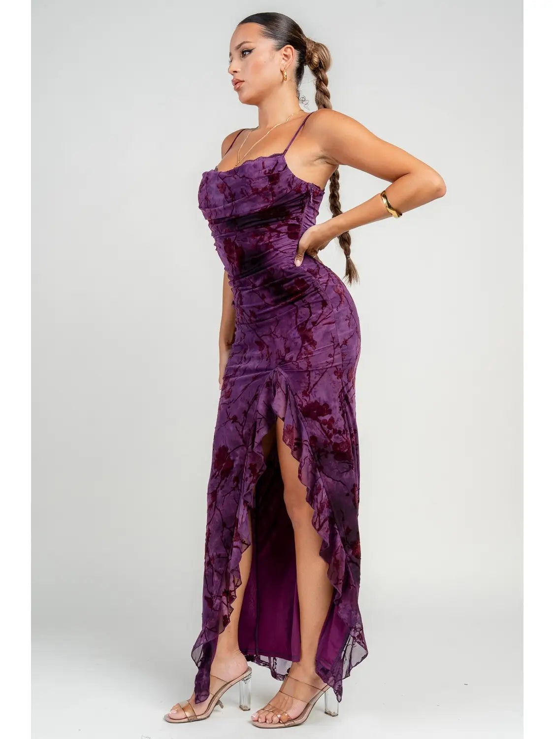 PLUM FLORAL RUFFLE DRESS