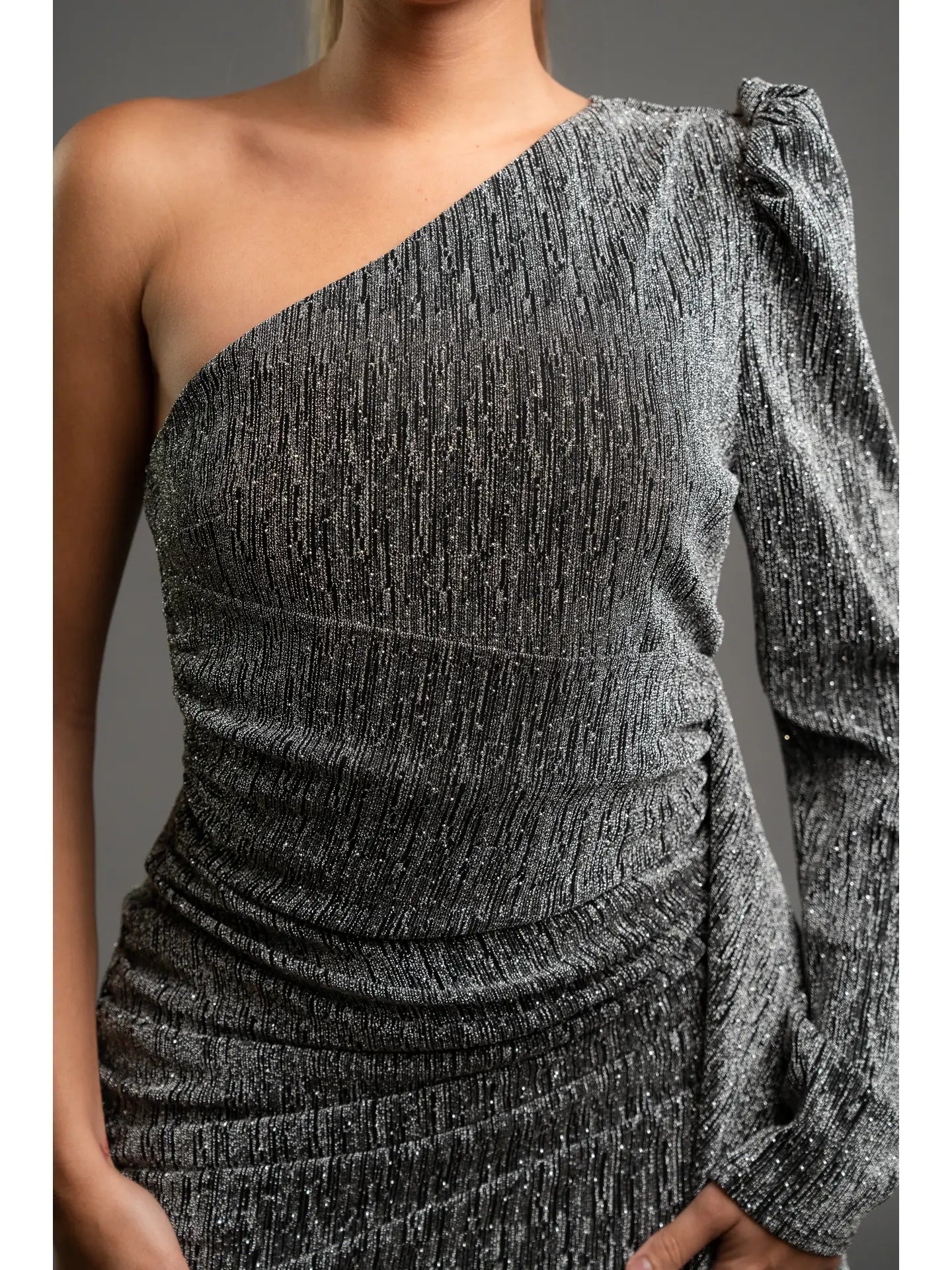 METALLIC RHINESTONE ONE SHOULDER MINI DRESS