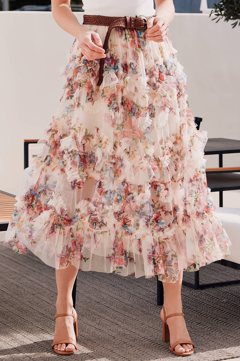 FLORAL RUFFLED MESH MIDI SKIRT