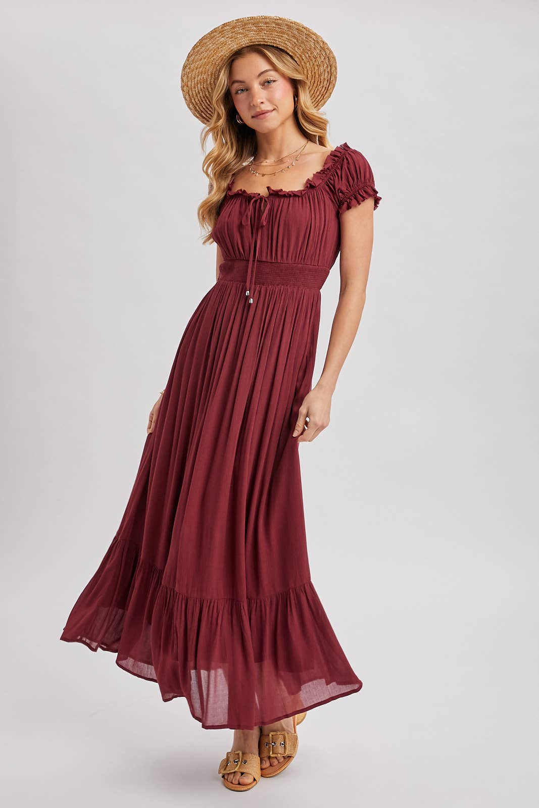SMOCKED OFF THE SHOULDER RUFFLE MAXI DRESS