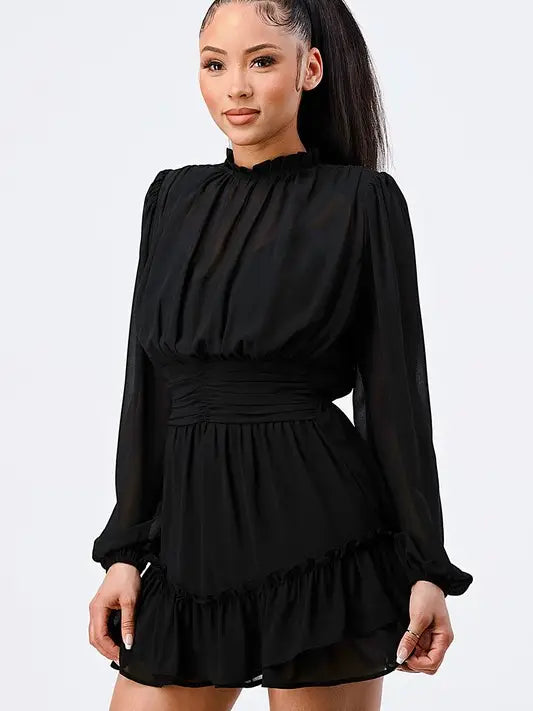 MOCK NECK RUFFLE DRESS