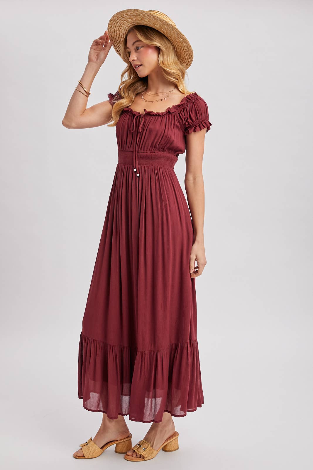 SMOCKED OFF THE SHOULDER RUFFLE MAXI DRESS