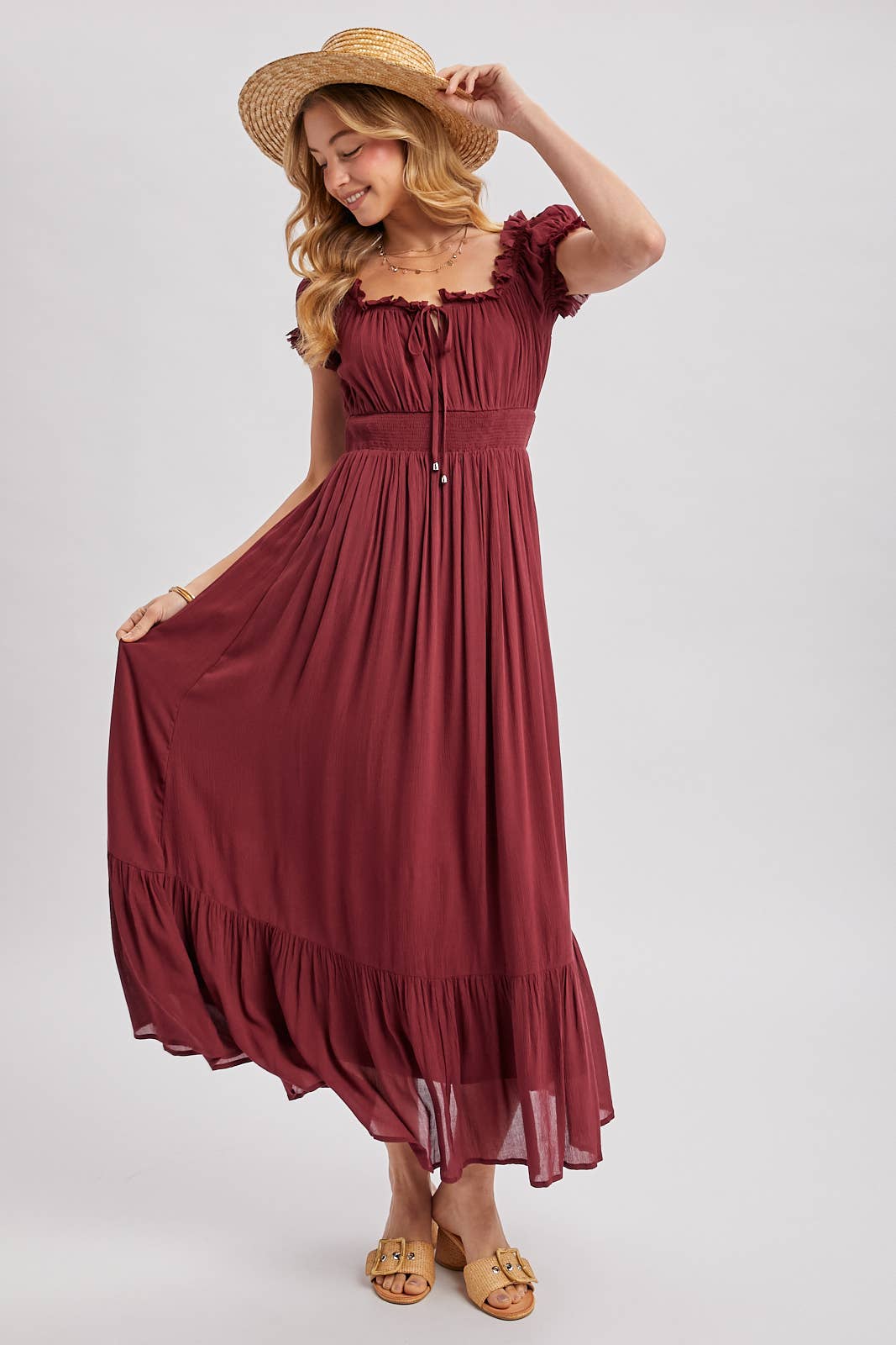 SMOCKED OFF THE SHOULDER RUFFLE MAXI DRESS