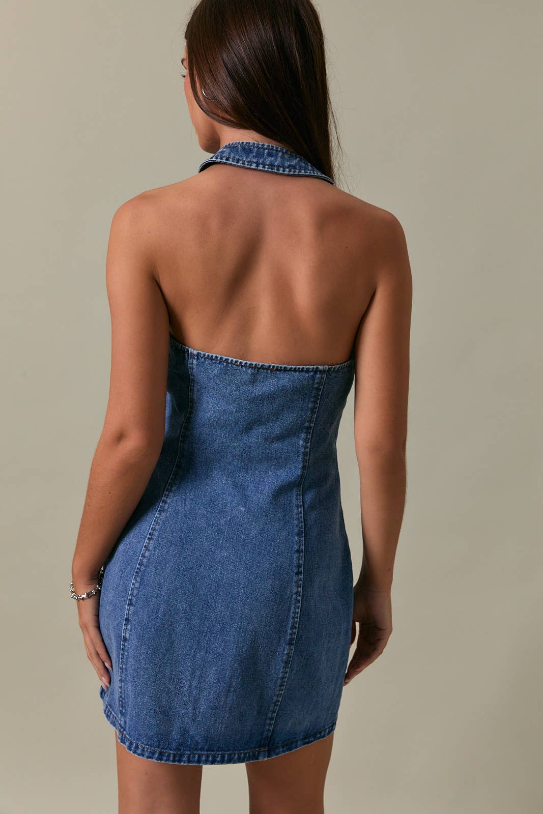 HALTER NECK DENIM MINI DRESS