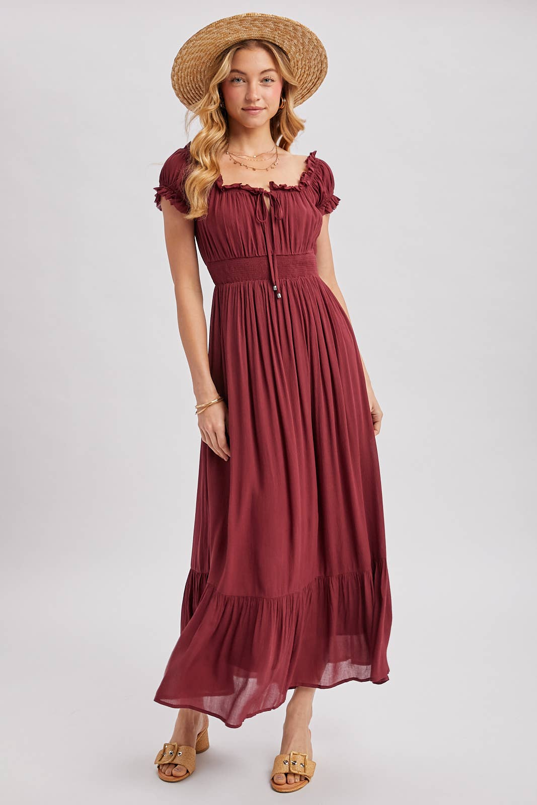SMOCKED OFF THE SHOULDER RUFFLE MAXI DRESS