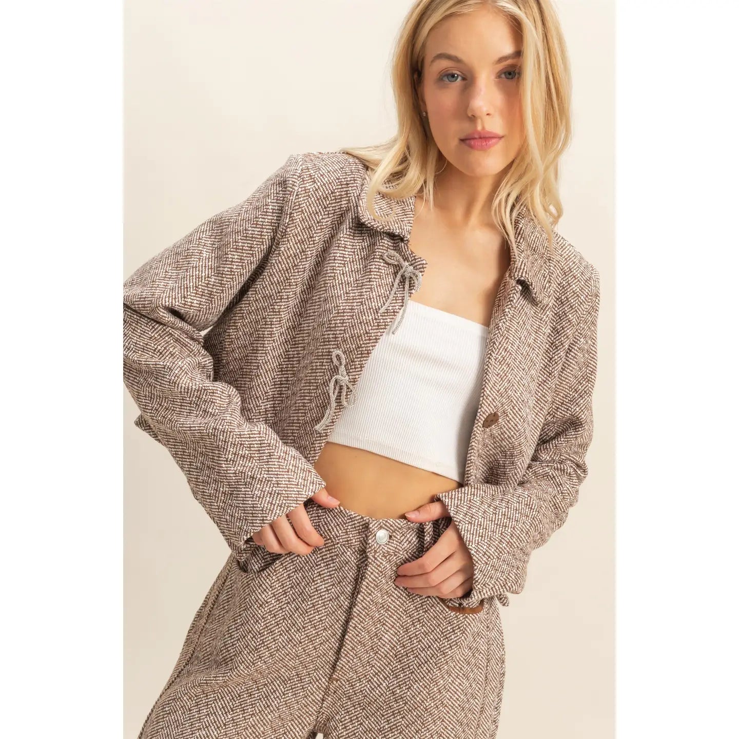 SPARKLY BOW HERRING BONE JACKET