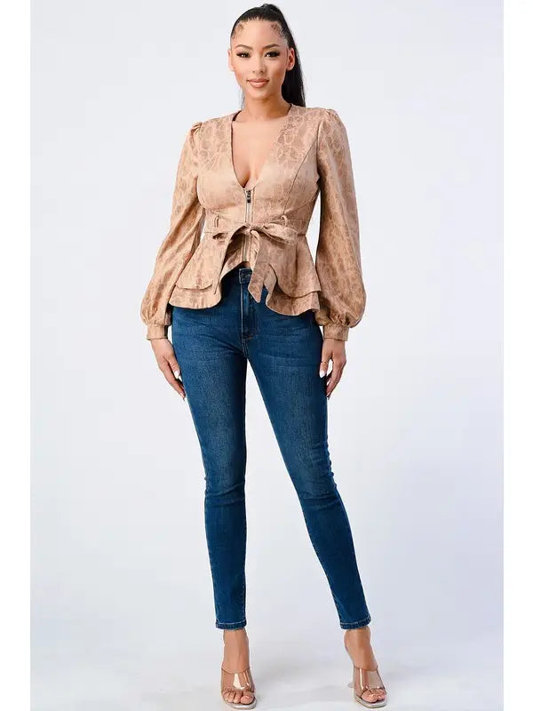 SNAKE PRINT SUEDE FRONT TIE JACKET