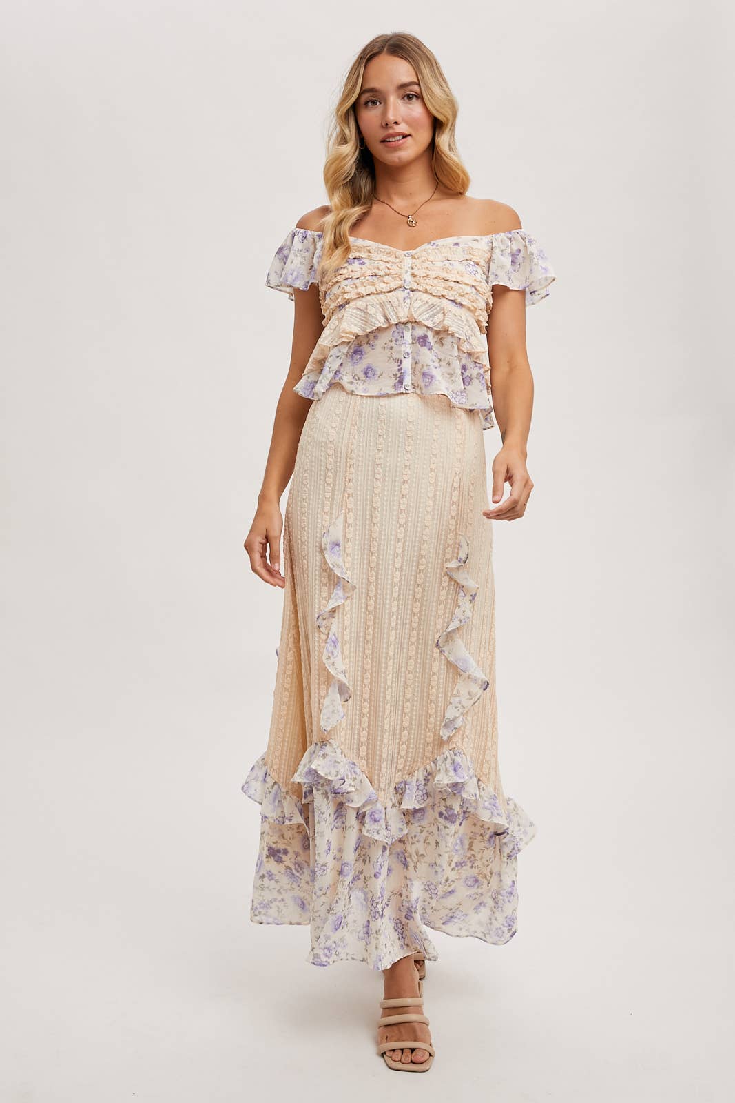 FLORAL PRINT TRIMMED MAXI LACE SKIRT