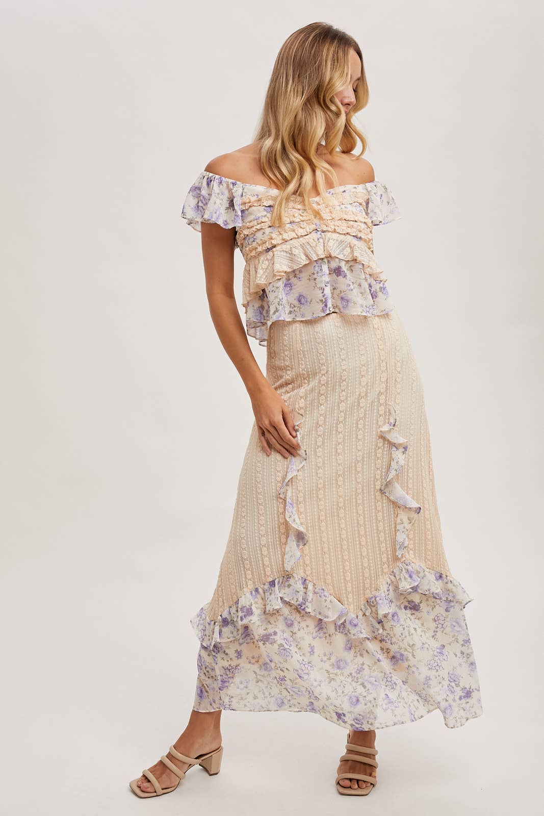 FLORAL PRINT TRIMMED MAXI LACE SKIRT