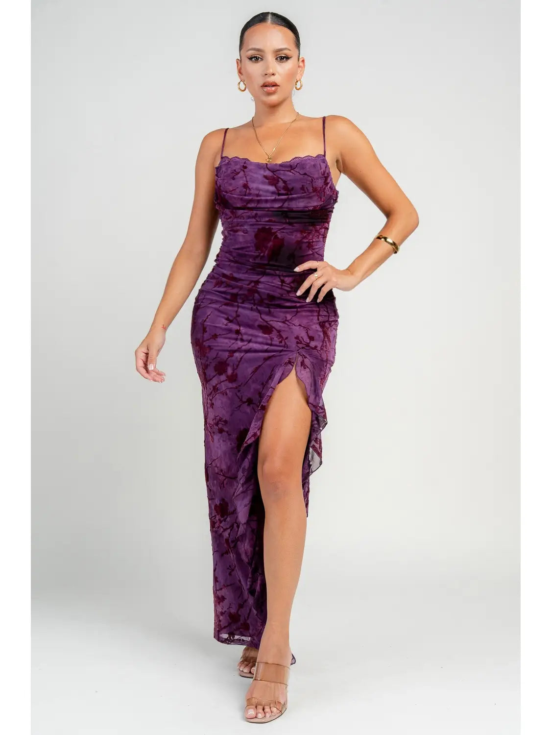 PLUM FLORAL RUFFLE DRESS