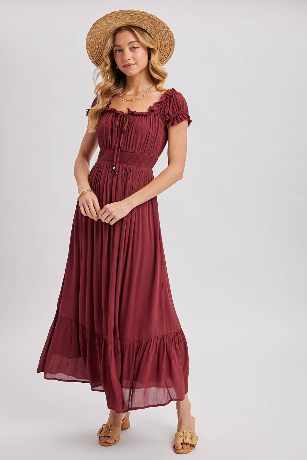 SMOCKED OFF THE SHOULDER RUFFLE MAXI DRESS
