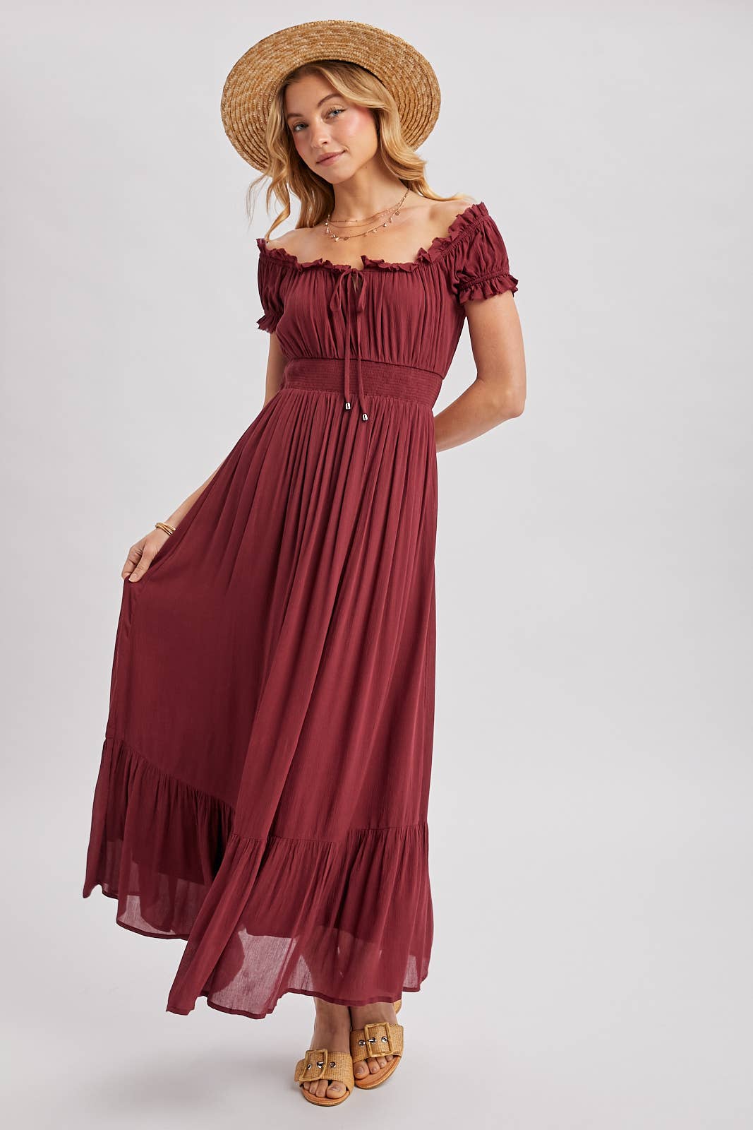 SMOCKED OFF THE SHOULDER RUFFLE MAXI DRESS