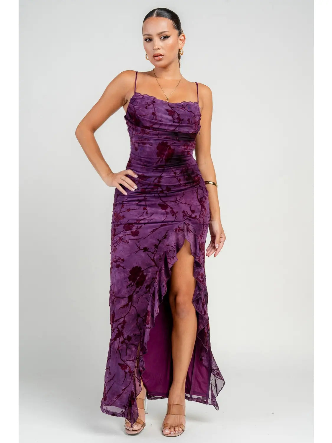 PLUM FLORAL RUFFLE DRESS