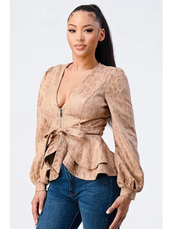 SNAKE PRINT SUEDE FRONT TIE JACKET