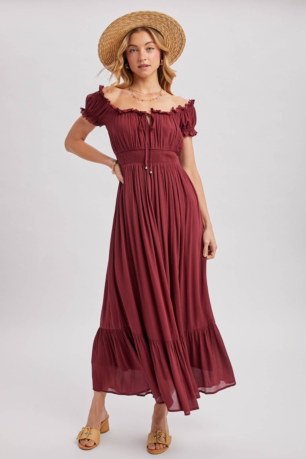 SMOCKED OFF THE SHOULDER RUFFLE MAXI DRESS