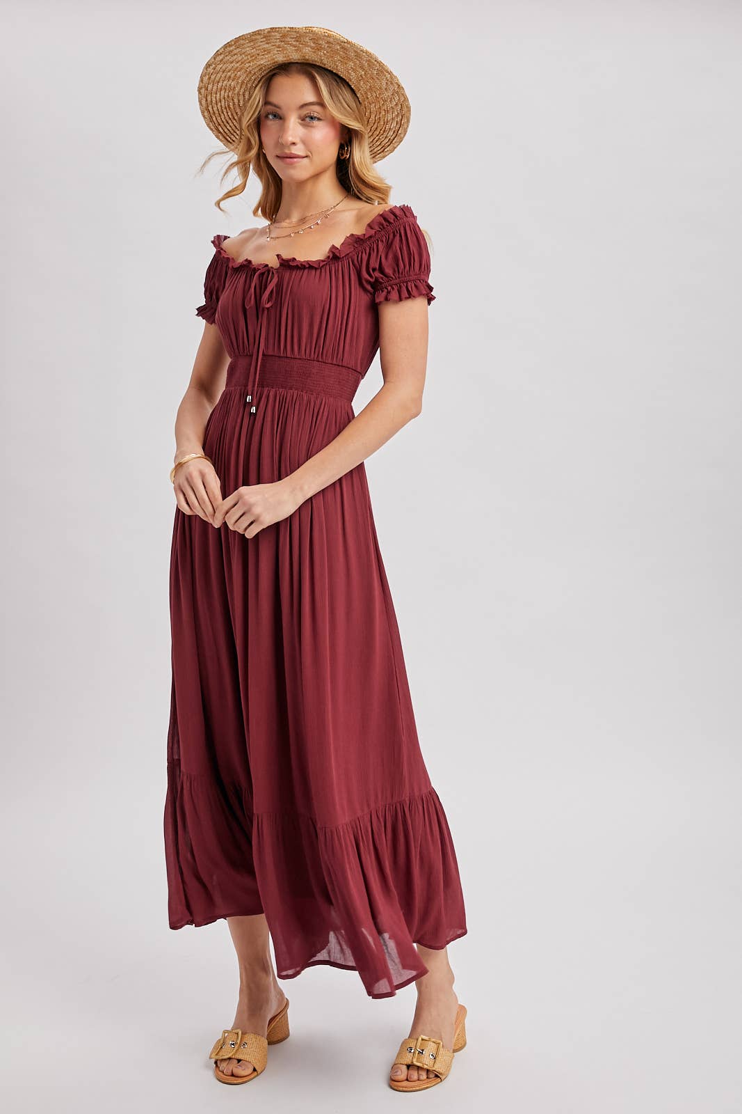 SMOCKED OFF THE SHOULDER RUFFLE MAXI DRESS