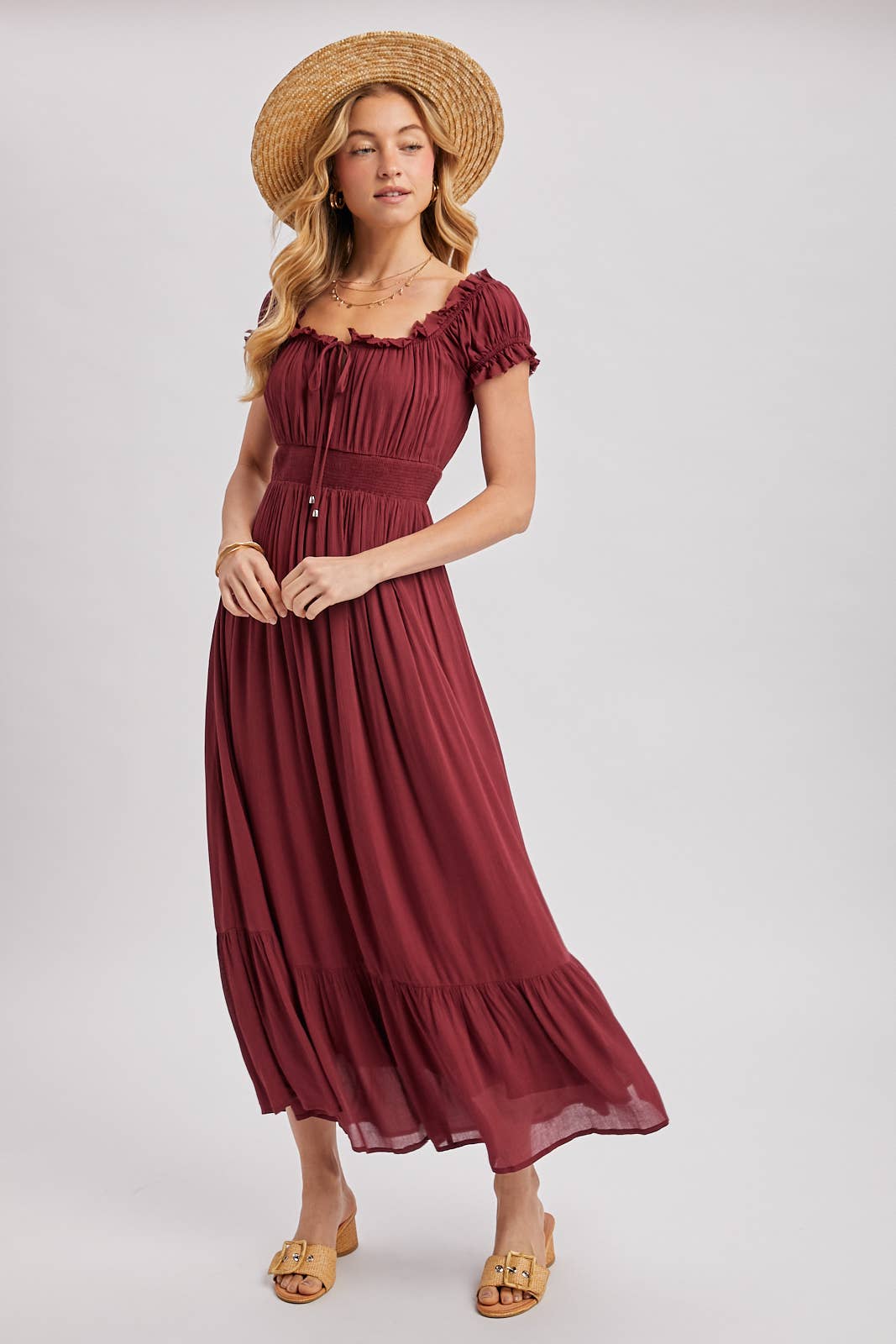 SMOCKED OFF THE SHOULDER RUFFLE MAXI DRESS