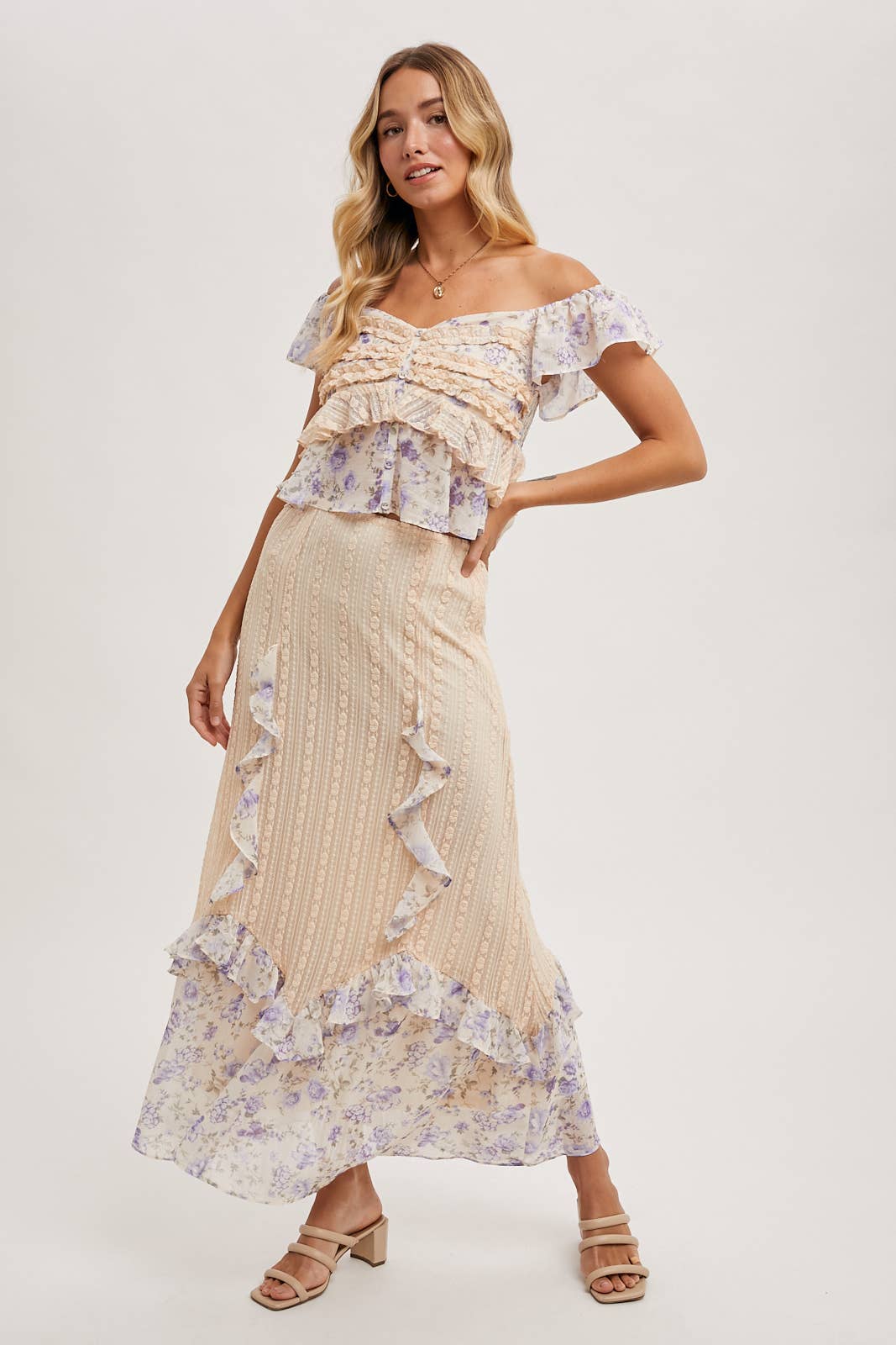 FLORAL PRINT TRIMMED MAXI LACE SKIRT