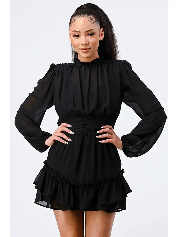 MOCK NECK RUFFLE DRESS