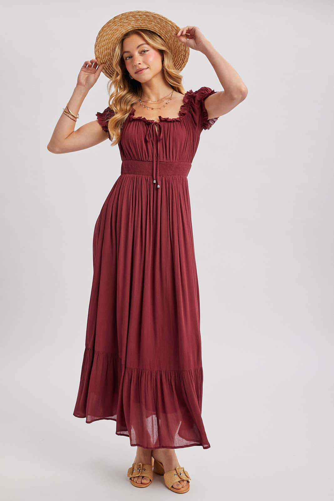 SMOCKED OFF THE SHOULDER RUFFLE MAXI DRESS
