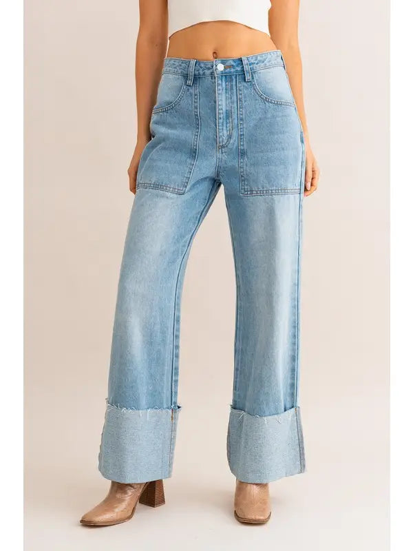 HIGH WAISTED WIDE LEG CUFFED JEANS
