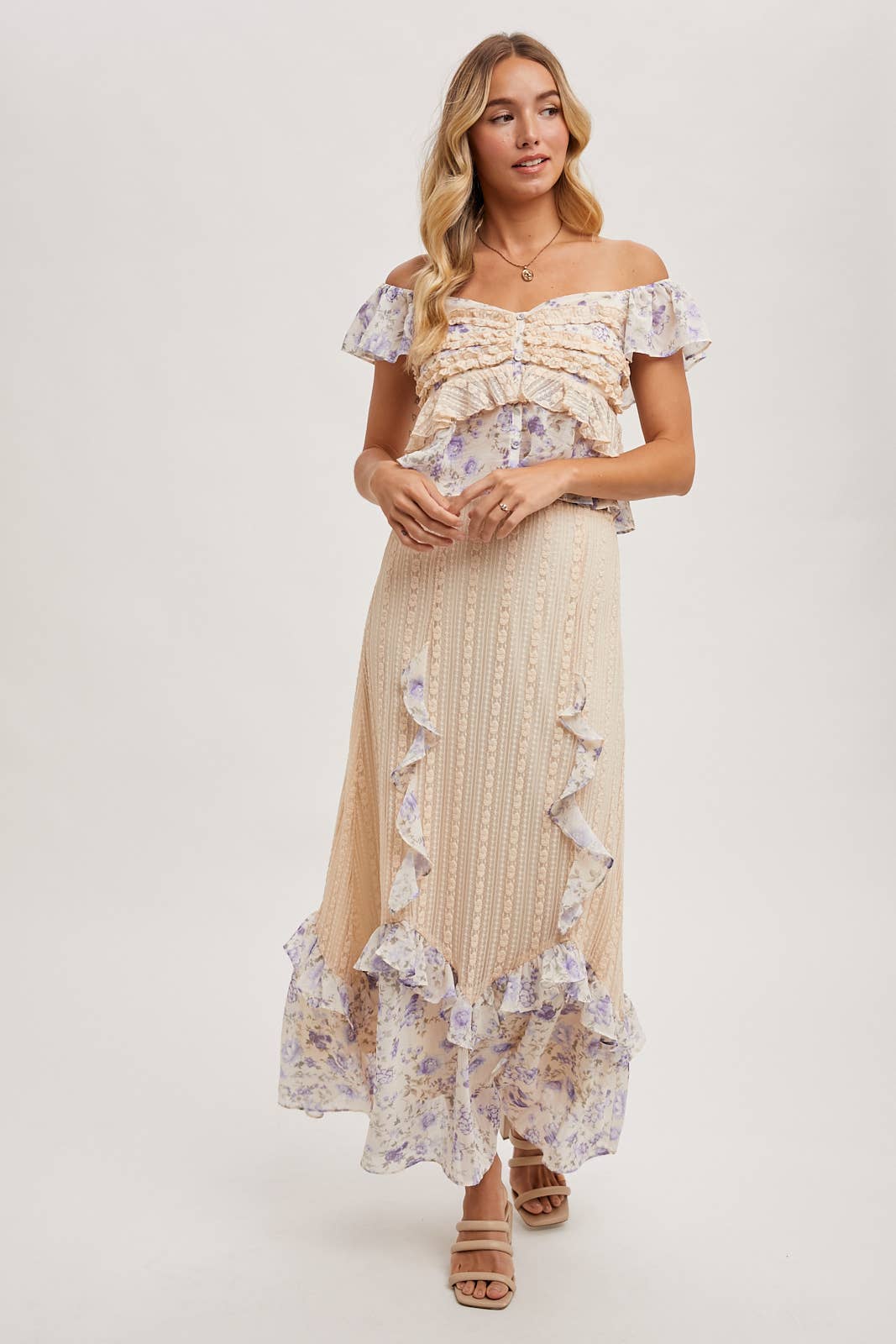 FLORAL PRINT RUFFLE LACE TRIMMED SWEETHEART NECK TOP