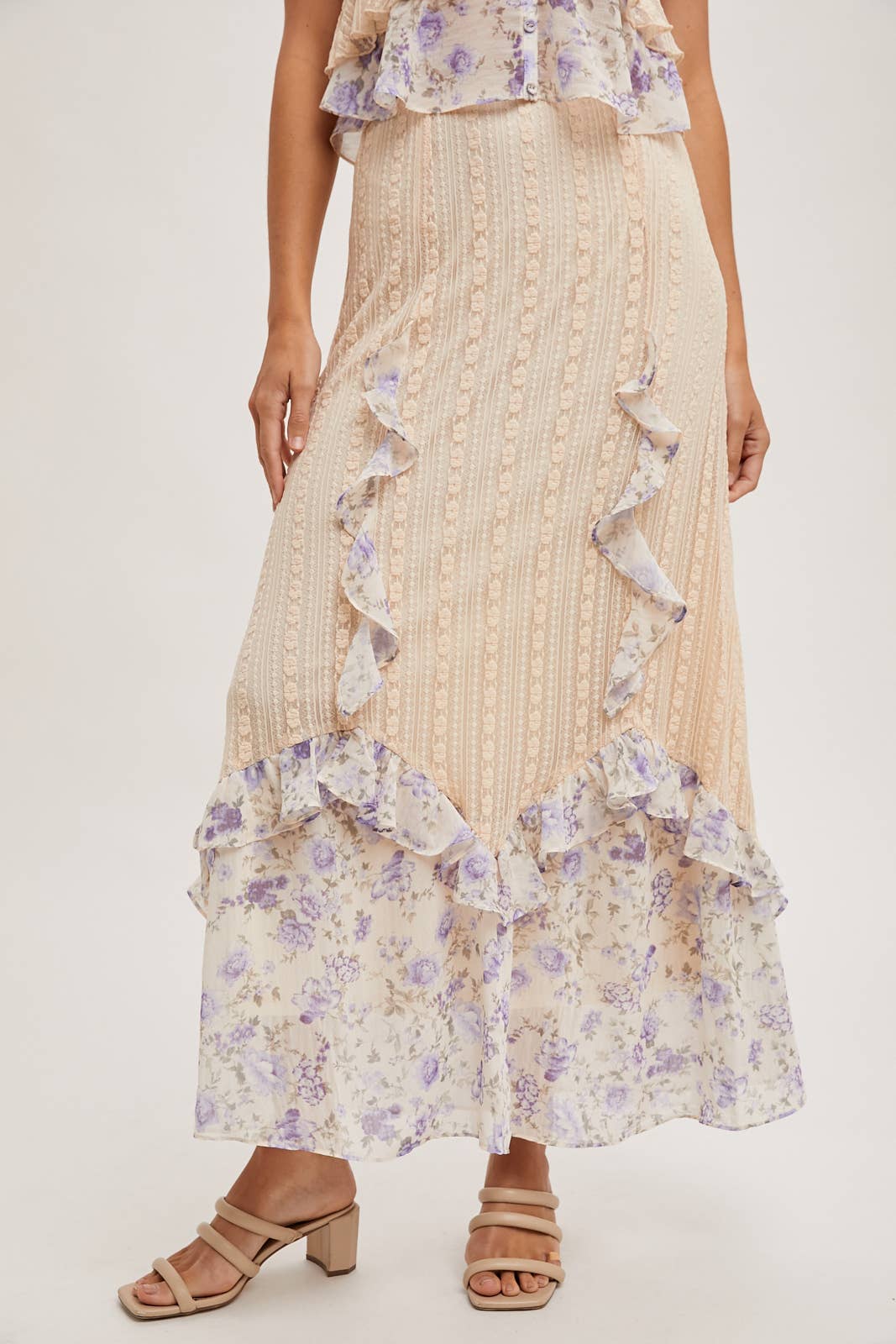 FLORAL PRINT TRIMMED MAXI LACE SKIRT